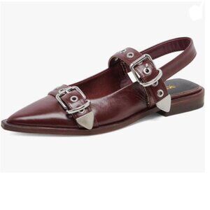 XYD Burgundy Slingback Heels with Silver Buckles